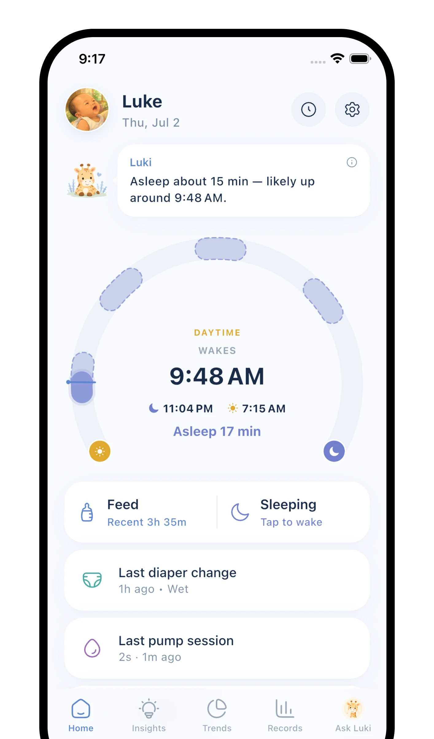 The Luki home screen showing a baby’s current rhythm and recent care