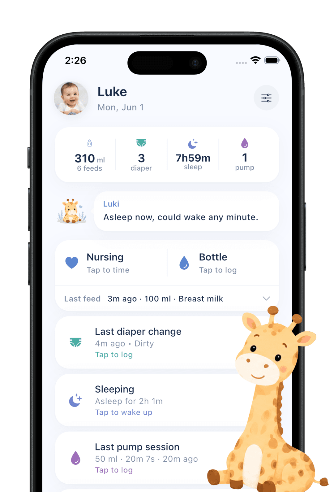 The Luki home screen showing today's feeds, diapers and sleep at a glance